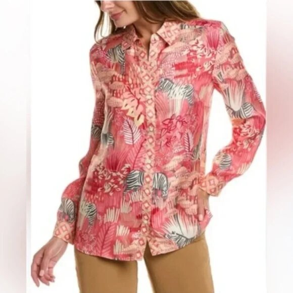 J. McLaughlin NWT Coral/grey Equine Garden animals Silk Darcy button blouse XS - Picture 1 of 10